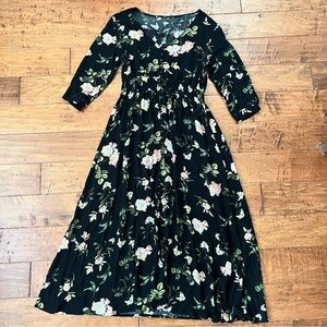 Black Floral Midi Dress with Pink & Green Accents